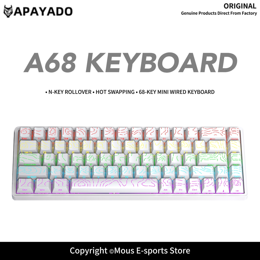 Keyboard Gaming Blue Switch - APAYADO A68 คีย์บอร์ดแบบมีสายแบบถอดเปลี่ยนได้ RGB 68 คีย์คีย์บอร์ดขนาดกะทัดรัดสวิตช์สีน้ำเงินสีแดงอุปกรณ์เสริมสำหรับสำนักงานเกม